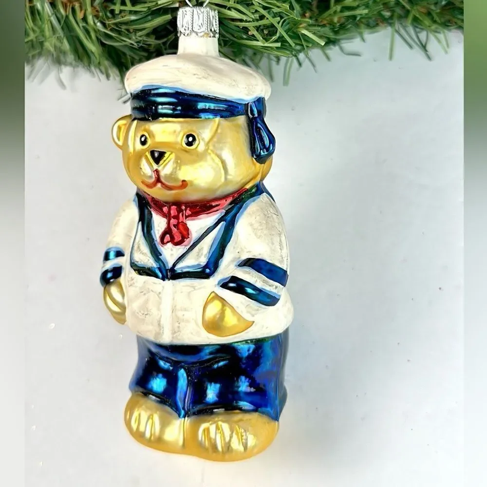 Navy Teddy Bear Glass Christmas Ornament made in Germany Hand Painted